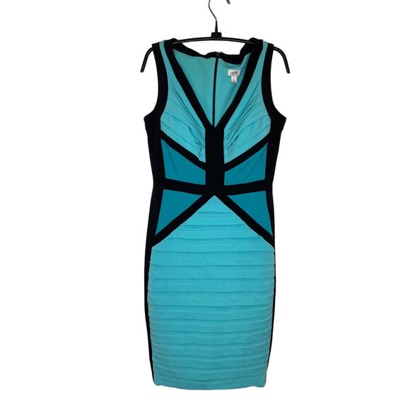 Cache Black Teal Sleeveless Bodycon Midi Dress Stretchy Colorblock Poly EUC Sz 8 - Picture 1 of 14